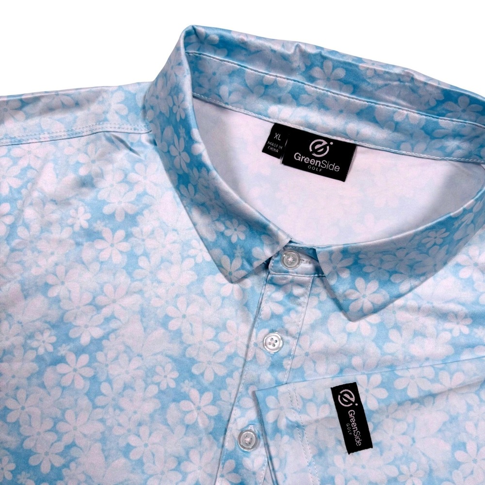 GreenSide Golf Polo Shirt Mens XL (FIT L) Light Blue Floral Performance UPF 40